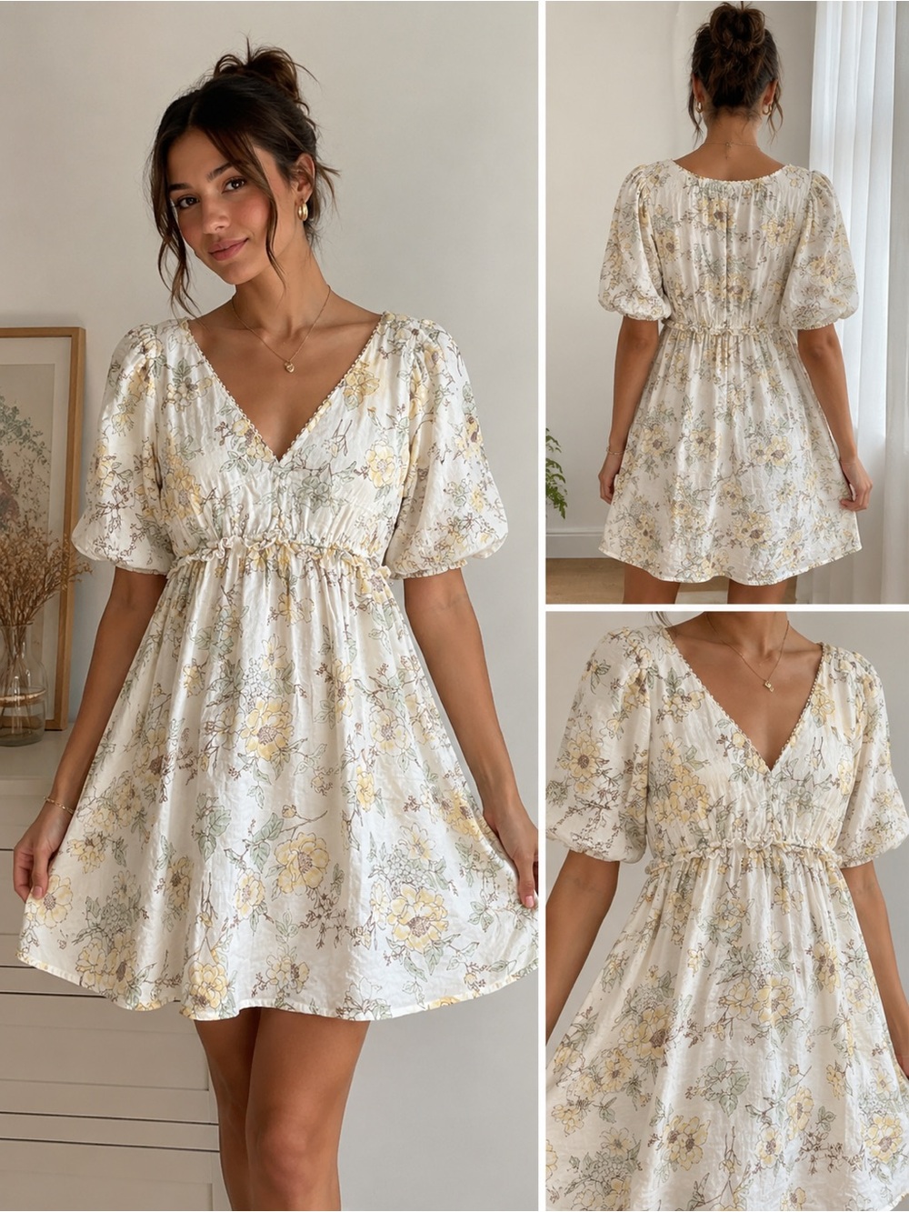 Blu Pepper White Floral V-Neck Puff Sleeve Mini Dress